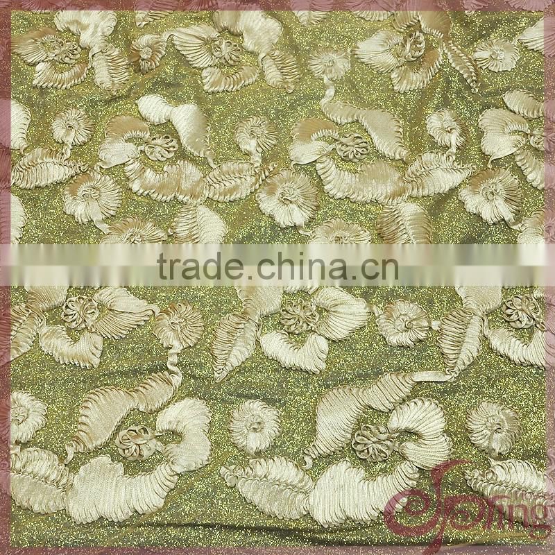2016 newest glittering fabric with glue as ground fabric with satin coiling embroidery lace fabric