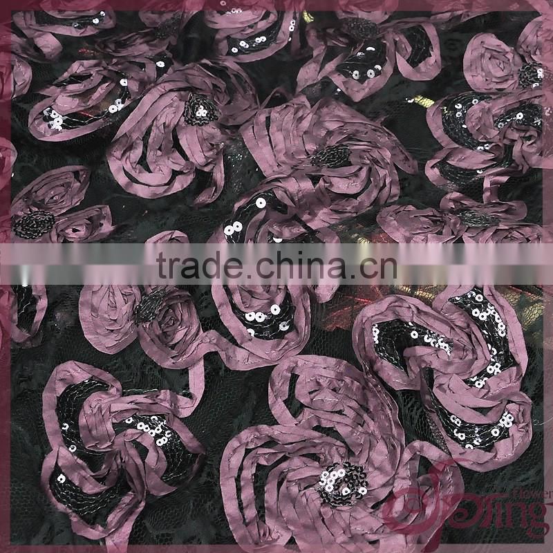 Pink coiling ribbon lace embroidery design fabric, wholesale sequin fabric