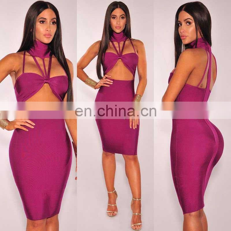 Amigo 2017 new designer purple halter Wrap chest midi sexy scantily clad bandage dress evening dresses for women club wear