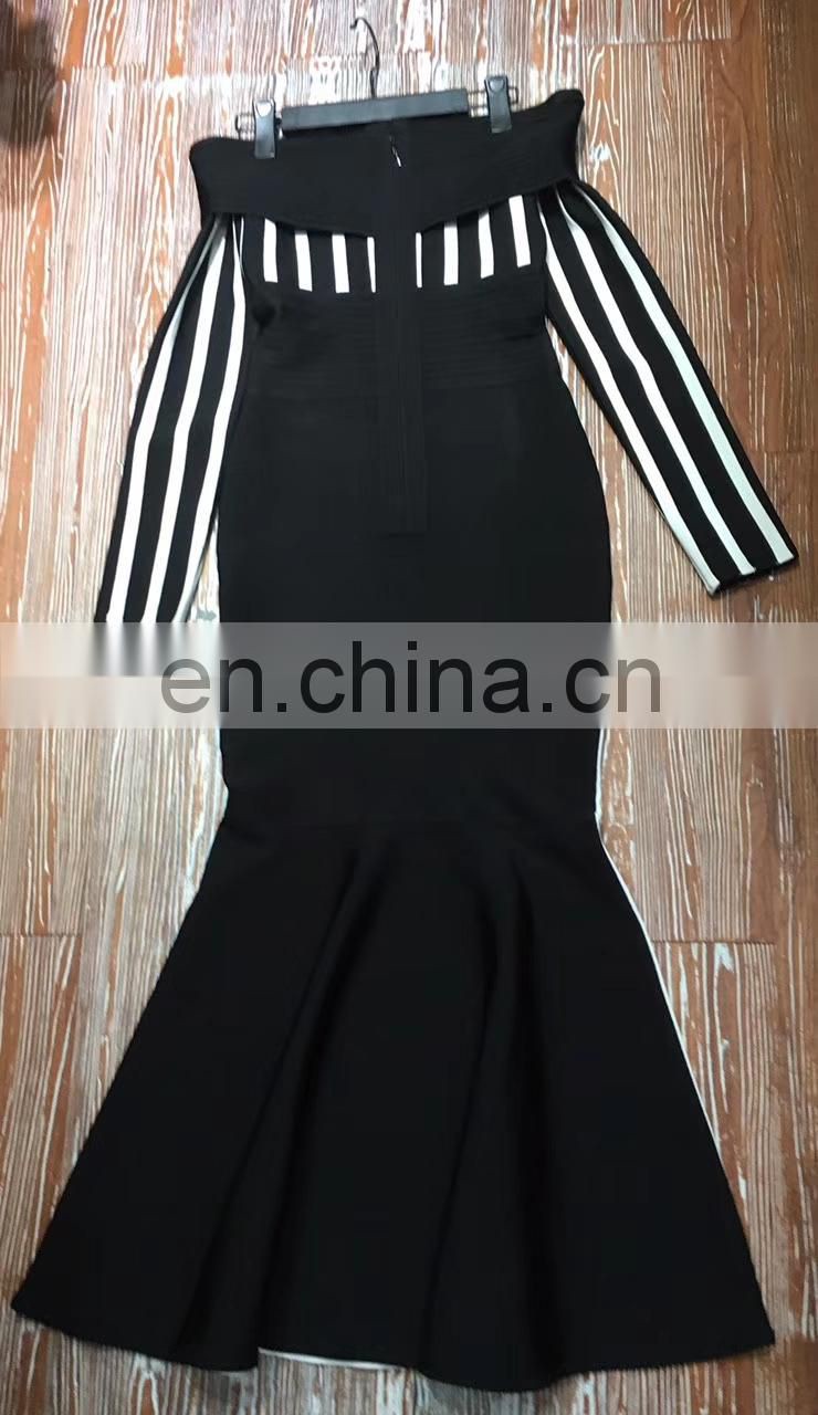 Amigo Long Sleeve Striped Off Shoulder Mermaid Sexy Elegant Party Bodycon Dresses Women Modest