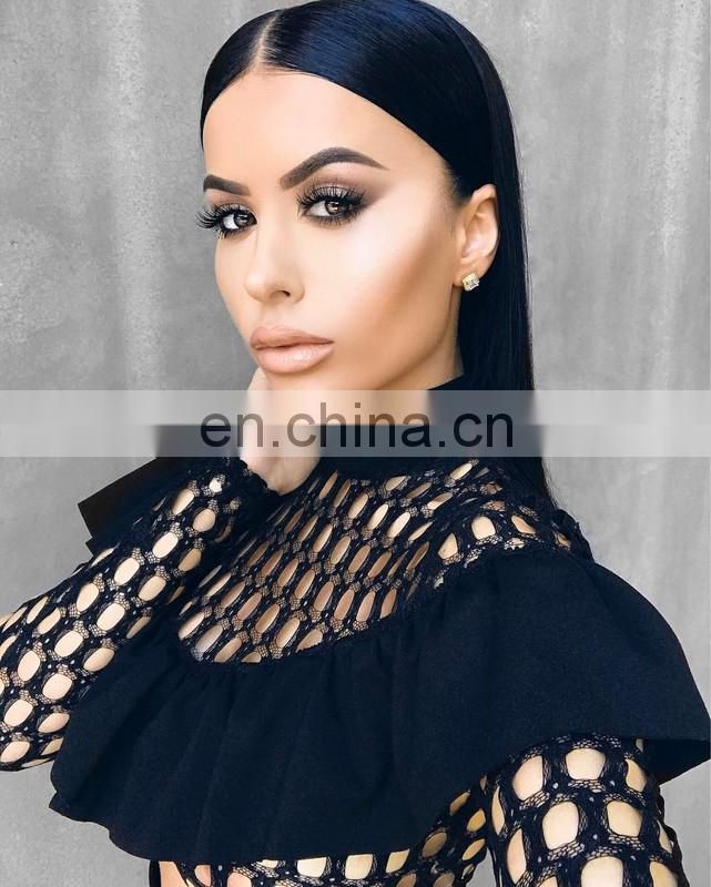 Amigo 2017 new design black fishnet bandage dress suits for women club wear long sleeve mesh top and high long skirt