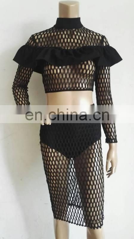 Amigo 2017 new design black fishnet bandage dress suits for women club wear long sleeve mesh top and high long skirt