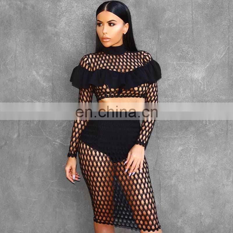 Amigo 2017 new design black fishnet bandage dress suits for women club wear long sleeve mesh top and high long skirt