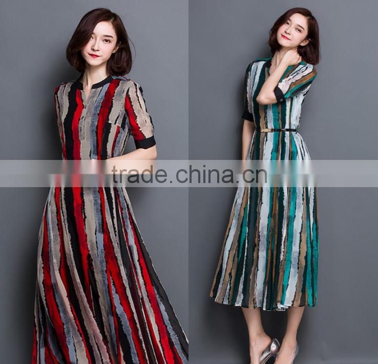 2016 summer silk temperament of Europe and the United States women's dresses stripe printed high-grade real silk dress