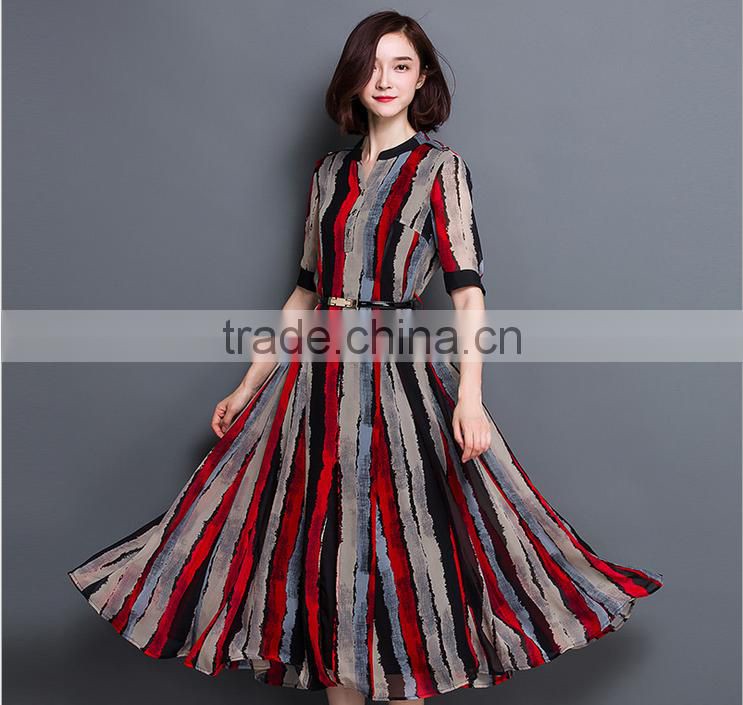 2016 summer silk temperament of Europe and the United States women's dresses stripe printed high-grade real silk dress
