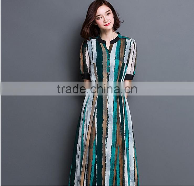 2016 summer silk temperament of Europe and the United States women's dresses stripe printed high-grade real silk dress