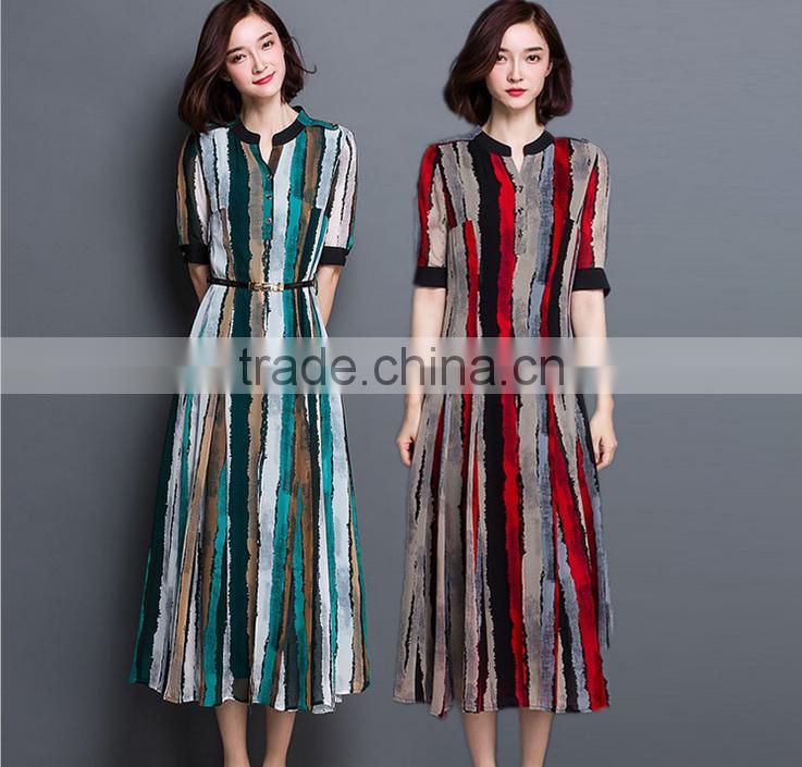 2016 summer silk temperament of Europe and the United States women's dresses stripe printed high-grade real silk dress