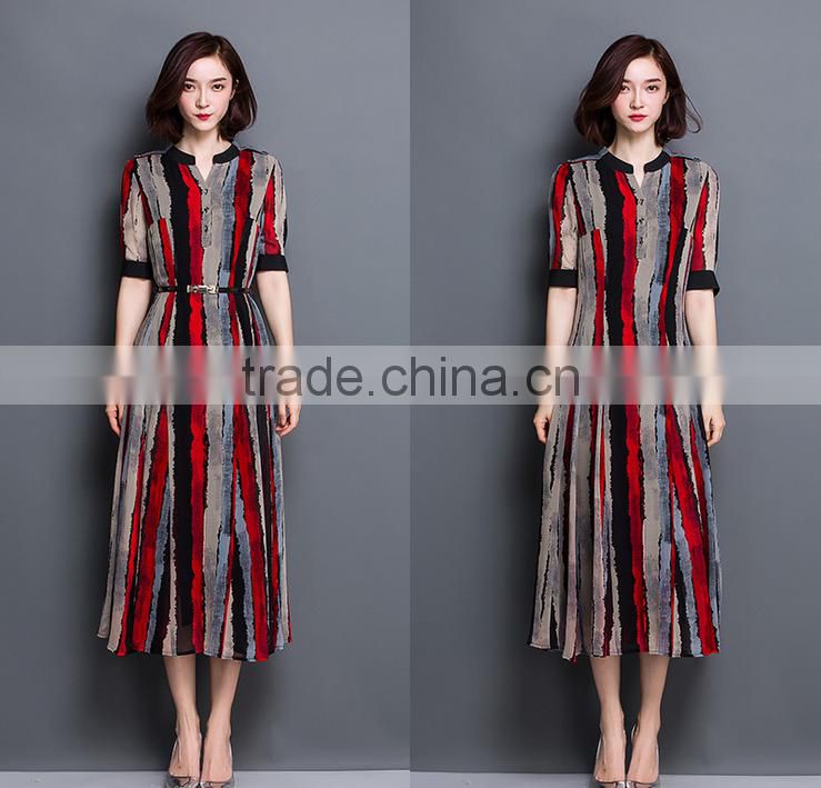 2016 summer silk temperament of Europe and the United States women's dresses stripe printed high-grade real silk dress