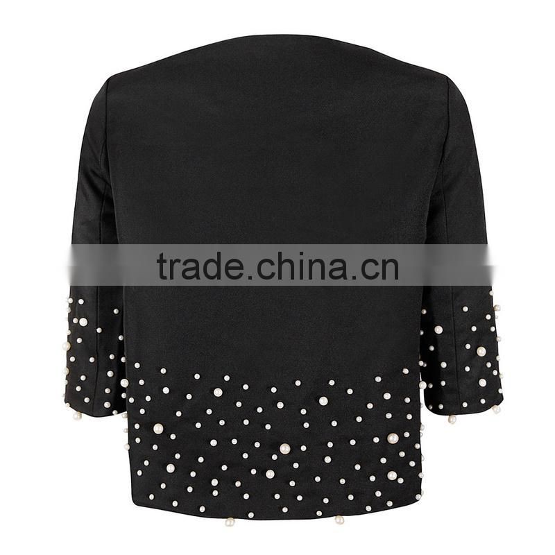 2014 new fashion white pearl line beaded lace mid sleeve elegant jacket