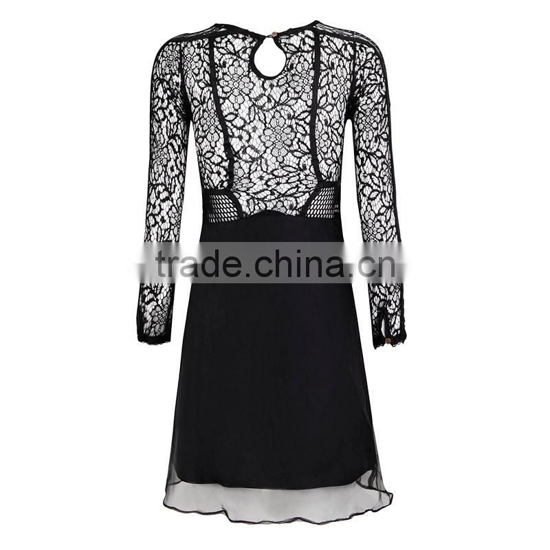 2014 New Fashion sexy black Mesh Inserts Long Sleeve Crochet Lace Dress