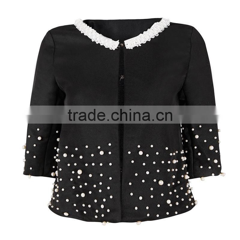 2014 new fashion white pearl line beaded lace mid sleeve elegant jacket