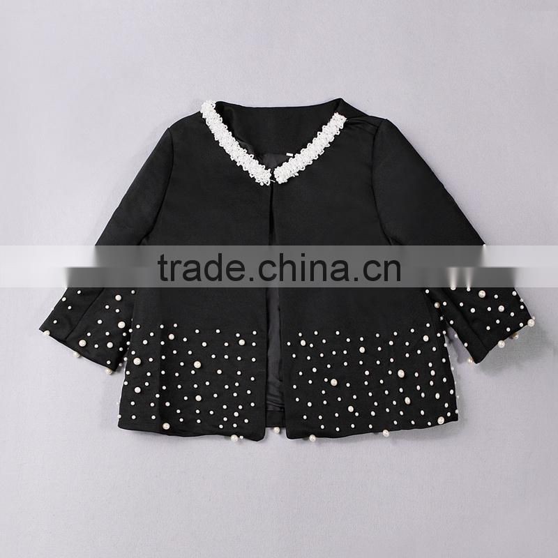 2014 new fashion white pearl line beaded lace mid sleeve elegant jacket