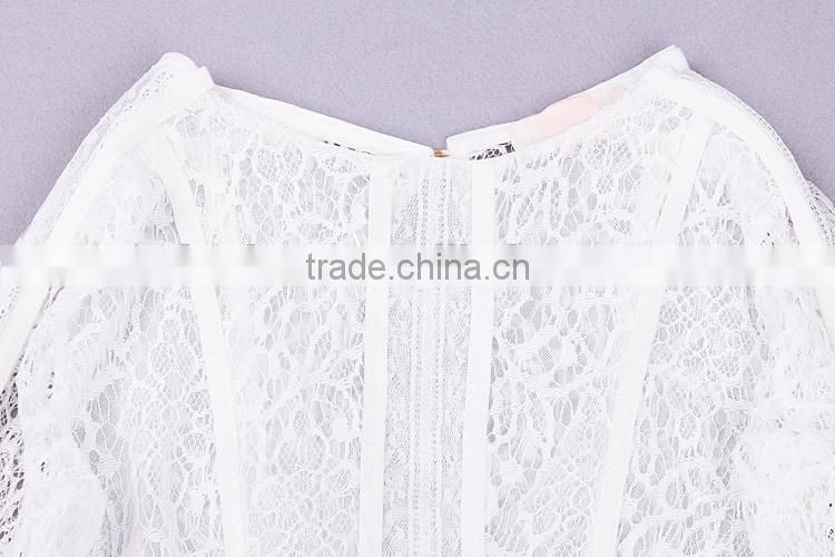 2014 New Fashion sexy black Mesh Inserts Long Sleeve Crochet Lace Dress