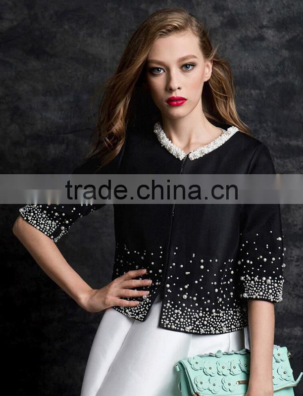 2014 new fashion white pearl line beaded lace mid sleeve elegant jacket