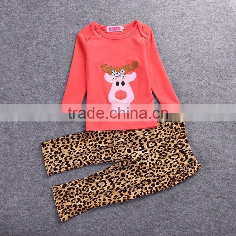 Feiming wholesale fall kids christmas clothing set children cute deer printed design leopard clothes set design