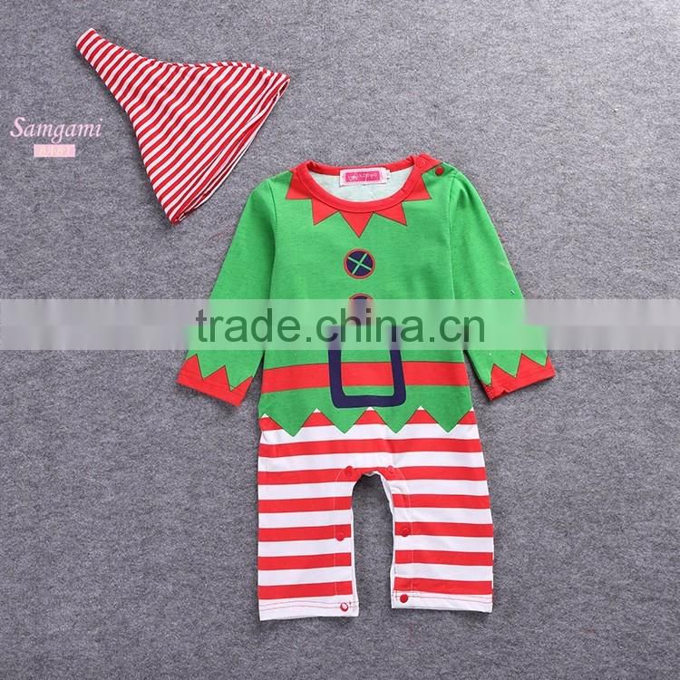 Wholesale baby stocks children clothes romper with hat kids wear christmas design kids stripe christmas romper