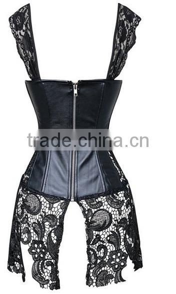 Hot Sale Women's Steampunk Gothic Faux Leather Bustier Corset with Lace Skirt