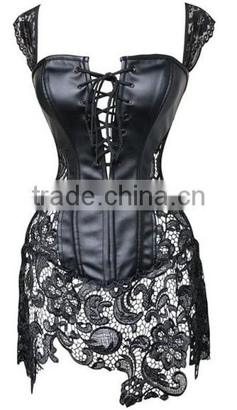 Hot Sale Women's Steampunk Gothic Faux Leather Bustier Corset with Lace Skirt
