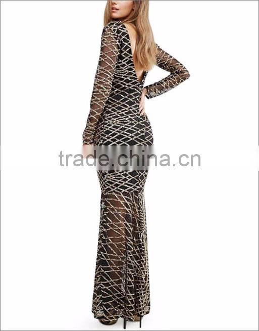 Latest design wholesale china trendy style ladies sequin sexy tight dress porn long sleeves dress with breads