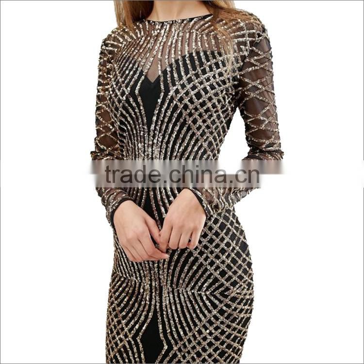 Latest design wholesale china trendy style ladies sequin sexy tight dress porn long sleeves dress with breads