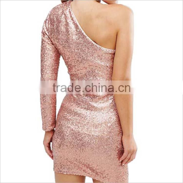 new fashion design hot sale one shoulder elegant maxi gold sequin mini dresses cocktail dress