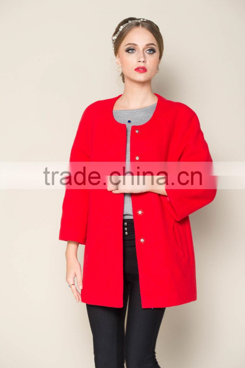 round collar and ninth sleeve designed red winter coats, fashion winter coats for girls