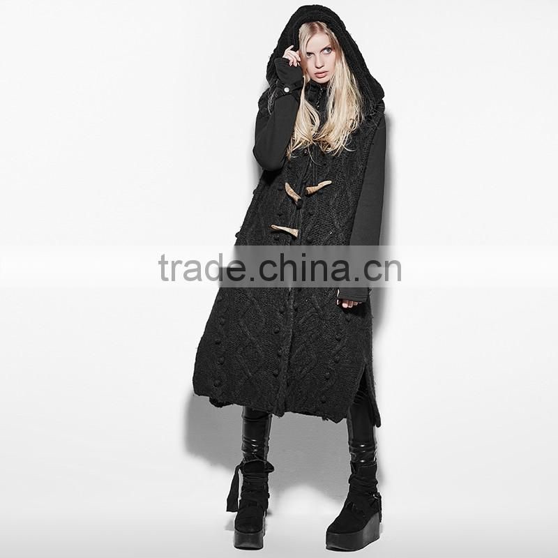 PM-039 Punk Black mechanism of pattern Loose Sleeveless Hooded Sweater With Claw Buckle Decoration