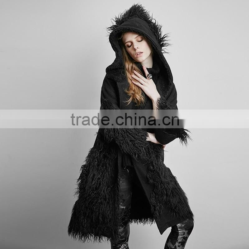 PY-166 Punk Winter Black Large Version Mixed Fabric Fur Long Coat With Big Hooded