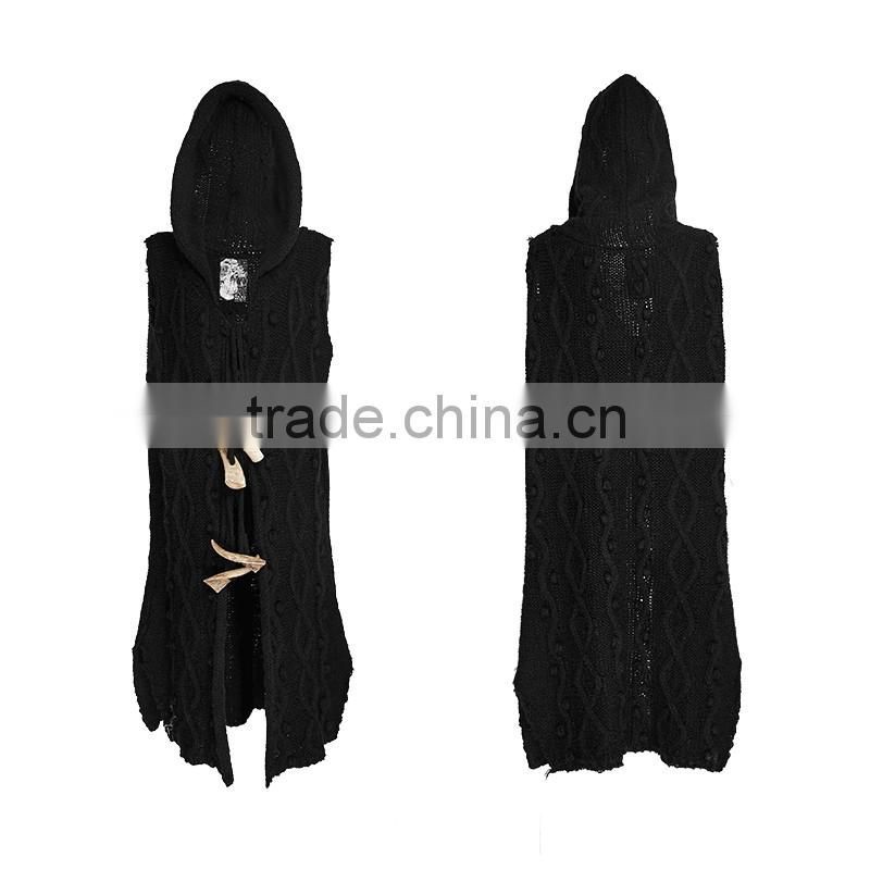 PM-039 Punk Black mechanism of pattern Loose Sleeveless Hooded Sweater With Claw Buckle Decoration
