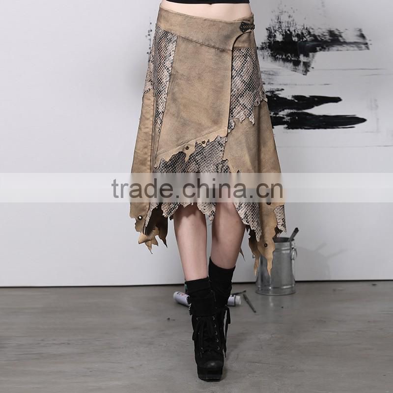 PQ-082 Khaki Irregular Sexy Micro Suede Nostalgic Prints Splicing Skirts