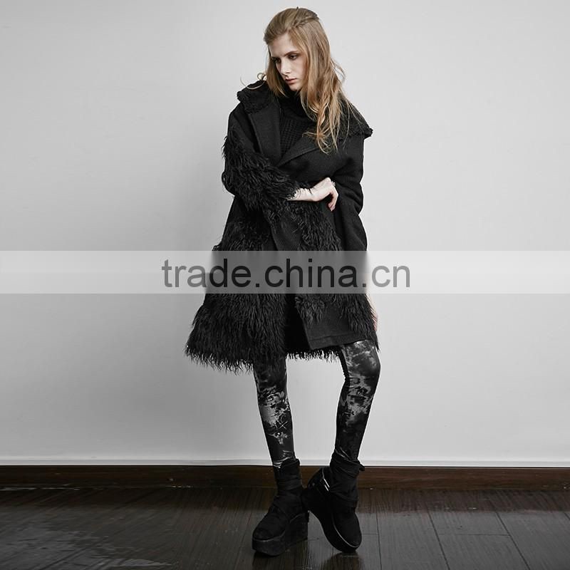 PY-166 Punk Winter Black Large Version Mixed Fabric Fur Long Coat With Big Hooded