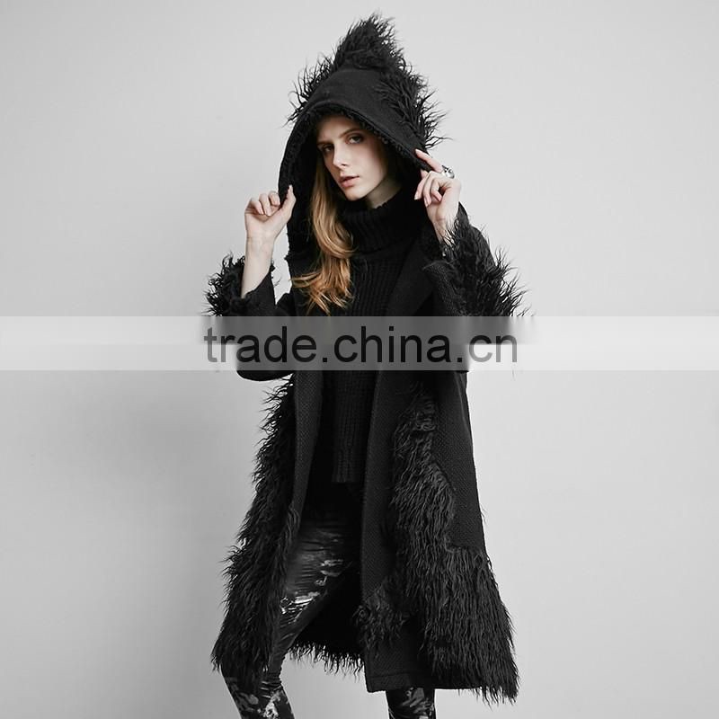 PY-166 Punk Winter Black Large Version Mixed Fabric Fur Long Coat With Big Hooded