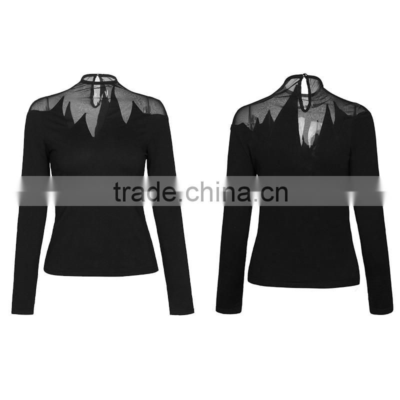 PT-064 Punk Transparent Mesh Splicing Cotton Long sleeves T-shirt