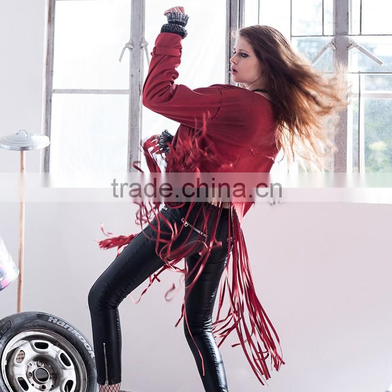 PY-086 Gothic Autumn Turn-down Collar Fitted Micro Suede Ladies Tassel Coats