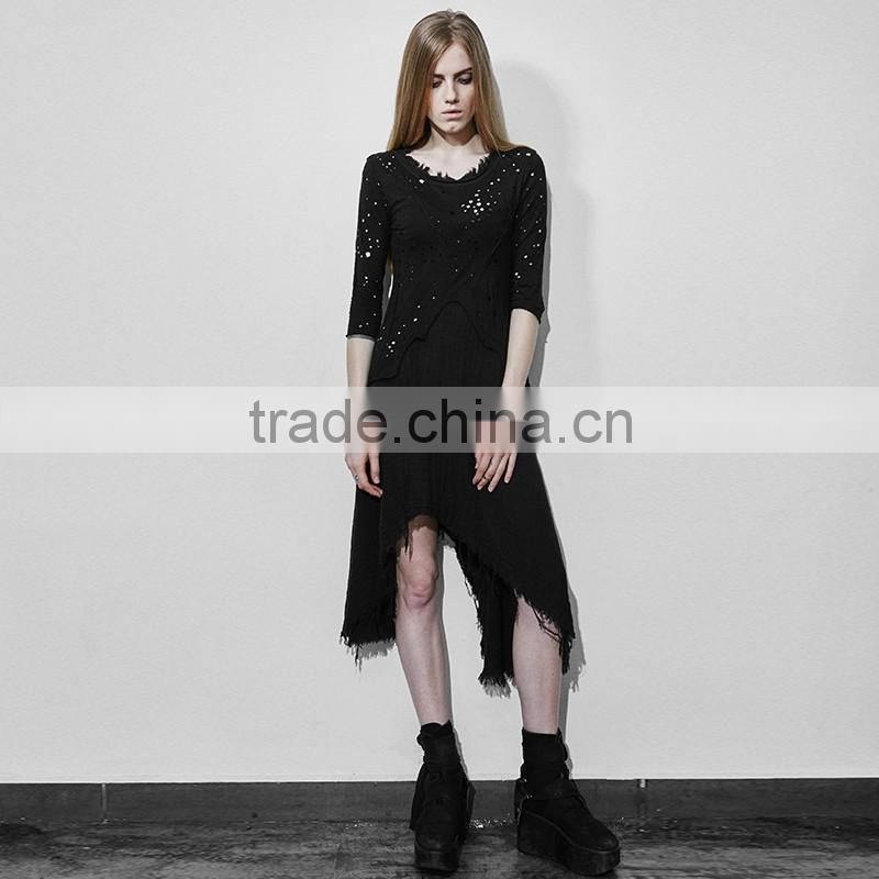 PQ-118 Gothic Black Linen O-neck Tassel Long Sleeves Irregule Dress