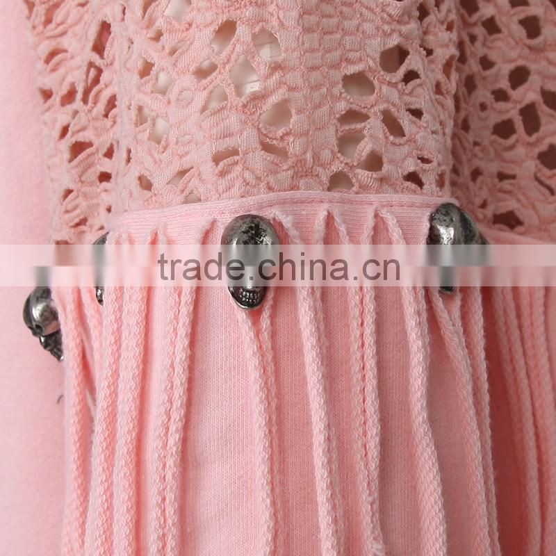 PT-045 Tassel Splicing Cut-Out O-neck Cotton Long Sleeves T-shirt