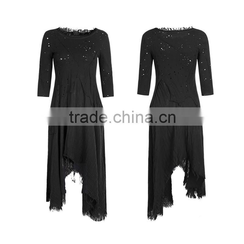 PQ-118 Gothic Black Linen O-neck Tassel Long Sleeves Irregule Dress