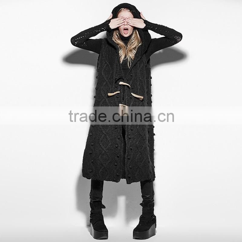 PM-039 Punk Black mechanism of pattern Loose Sleeveless Hooded Sweater With Claw Buckle Decoration