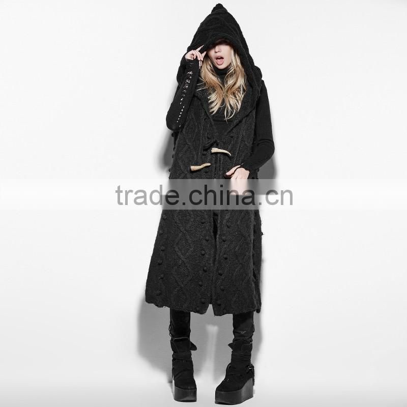 PM-039 Punk Black mechanism of pattern Loose Sleeveless Hooded Sweater With Claw Buckle Decoration