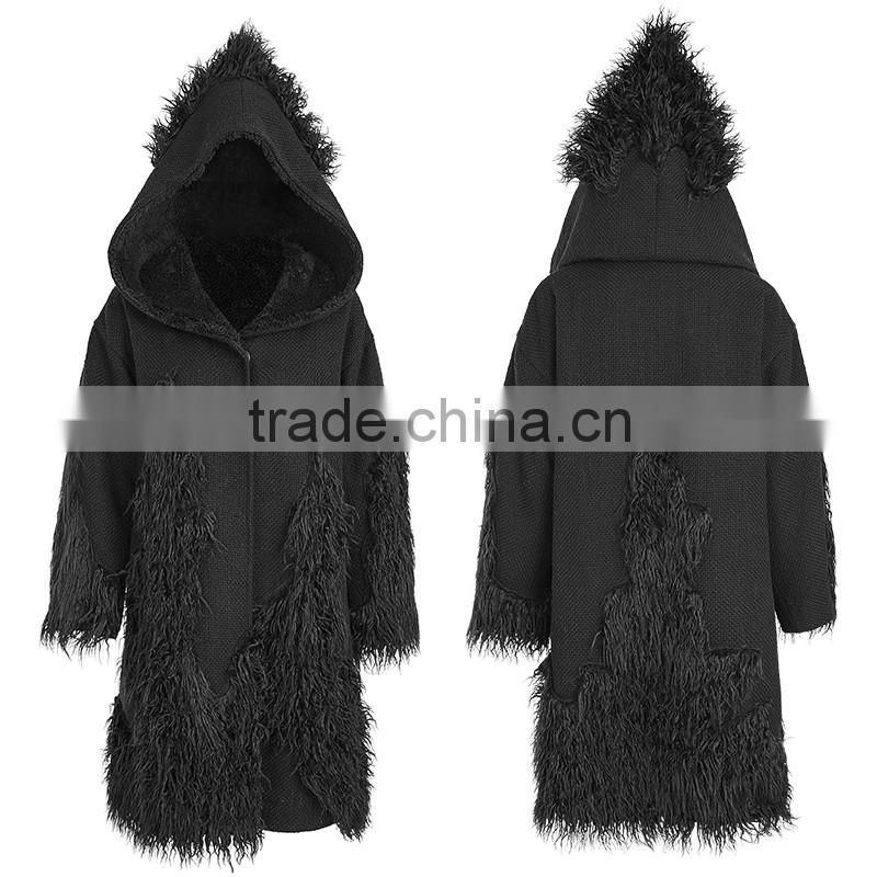 PY-166 Punk Winter Black Large Version Mixed Fabric Fur Long Coat With Big Hooded