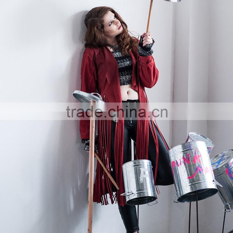 PY-086 Gothic Autumn Turn-down Collar Fitted Micro Suede Ladies Tassel Coats