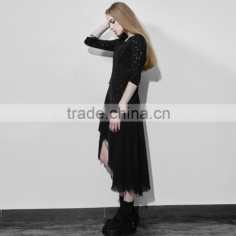 PQ-118 Gothic Black Linen O-neck Tassel Long Sleeves Irregule Dress