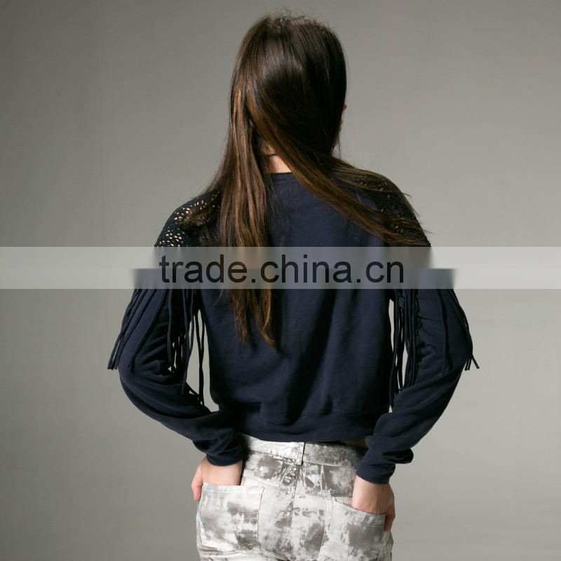 PT-045 Tassel Splicing Cut-Out O-neck Cotton Long Sleeves T-shirt