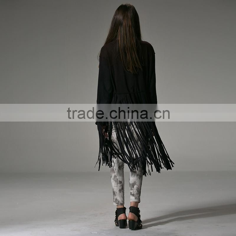 PY-086 Gothic Autumn Turn-down Collar Fitted Micro Suede Ladies Tassel Coats