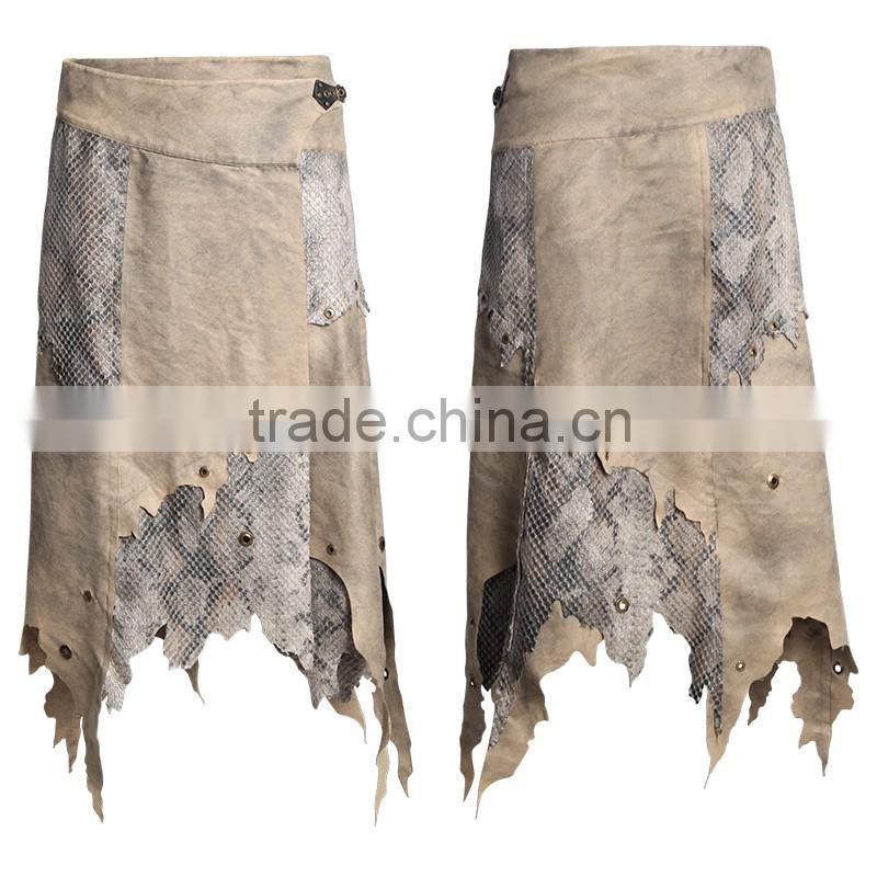 PQ-082 Khaki Irregular Sexy Micro Suede Nostalgic Prints Splicing Skirts