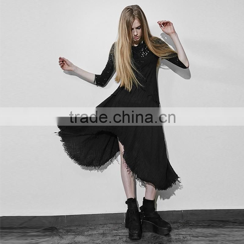 PQ-118 Gothic Black Linen O-neck Tassel Long Sleeves Irregule Dress
