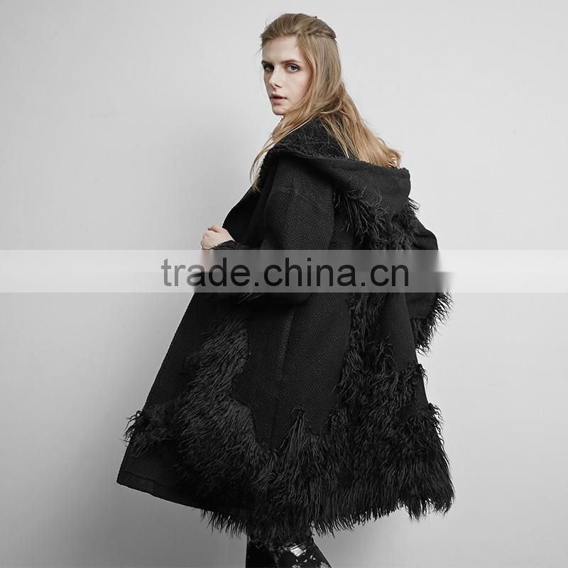 PY-166 Punk Winter Black Large Version Mixed Fabric Fur Long Coat With Big Hooded
