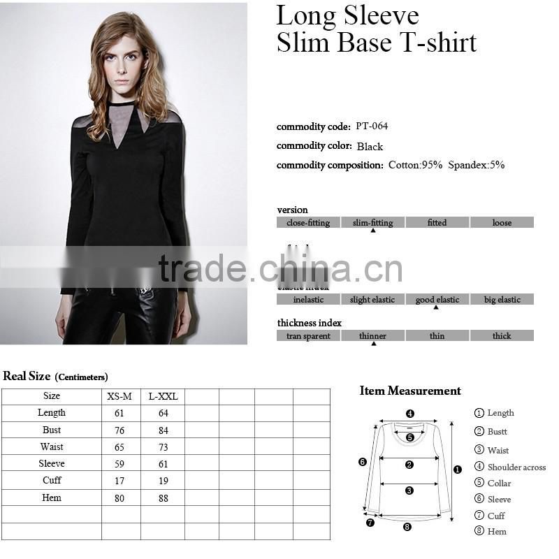 PT-064 Punk Transparent Mesh Splicing Cotton Long sleeves T-shirt