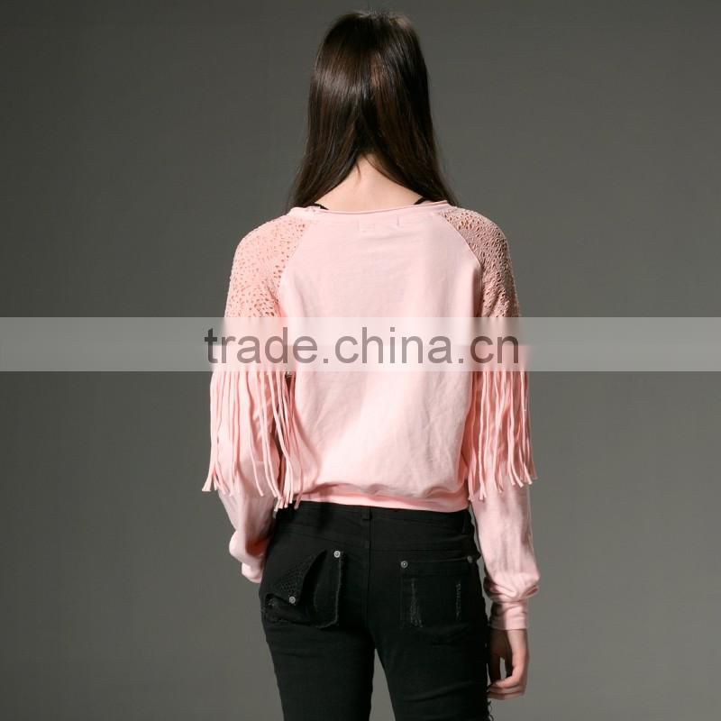 PT-045 Tassel Splicing Cut-Out O-neck Cotton Long Sleeves T-shirt