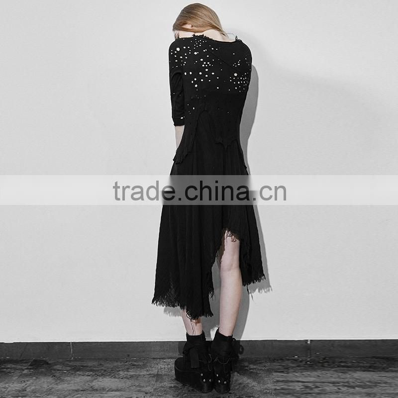 PQ-118 Gothic Black Linen O-neck Tassel Long Sleeves Irregule Dress